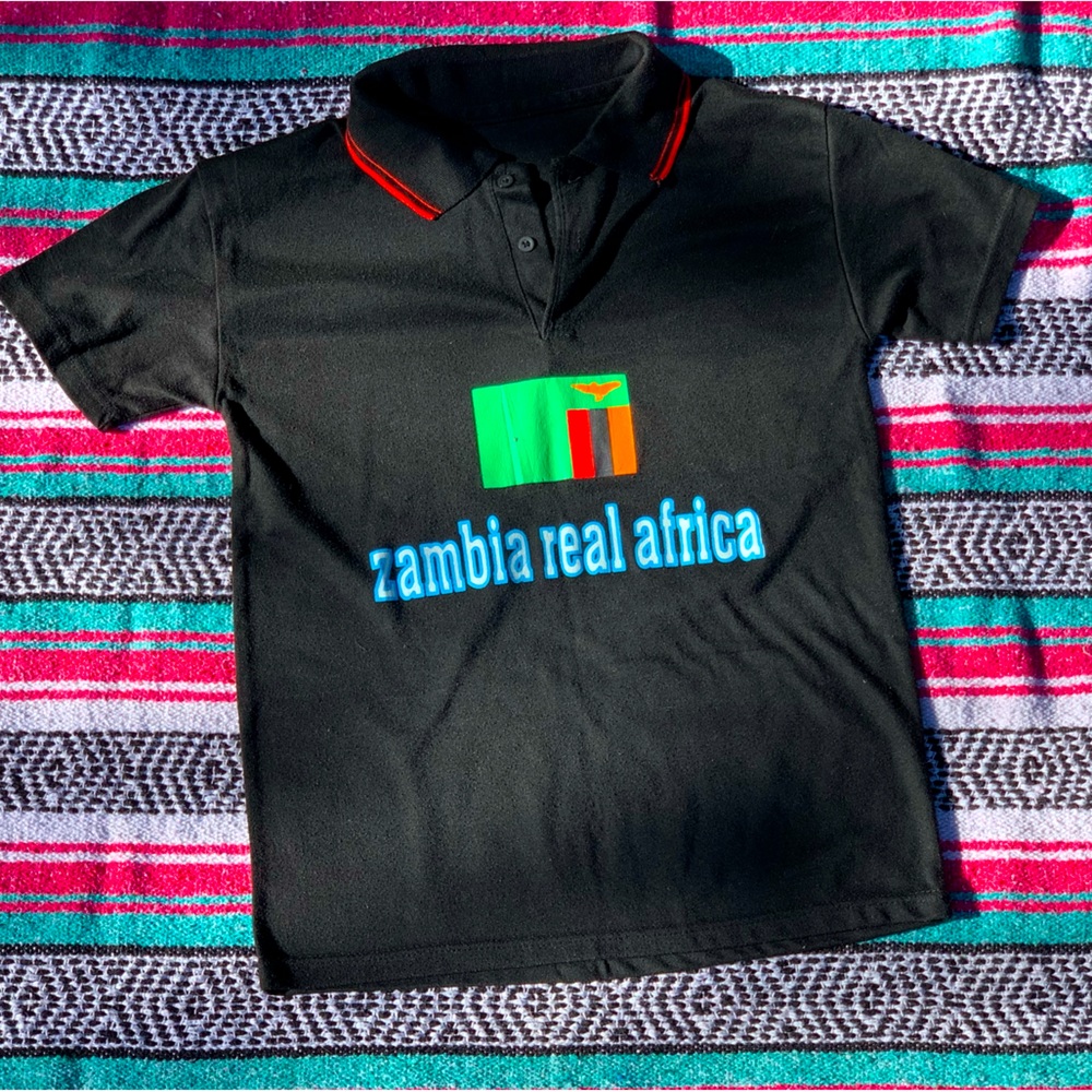 vintage polo tee // Zambia Africa // size small // black polo shirt with logo